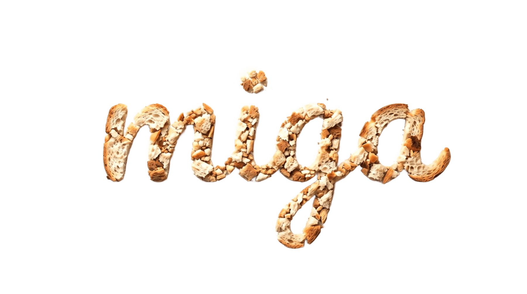 Logo de MIGA: la palabra miga escrita a mano con trozos y migas de pan